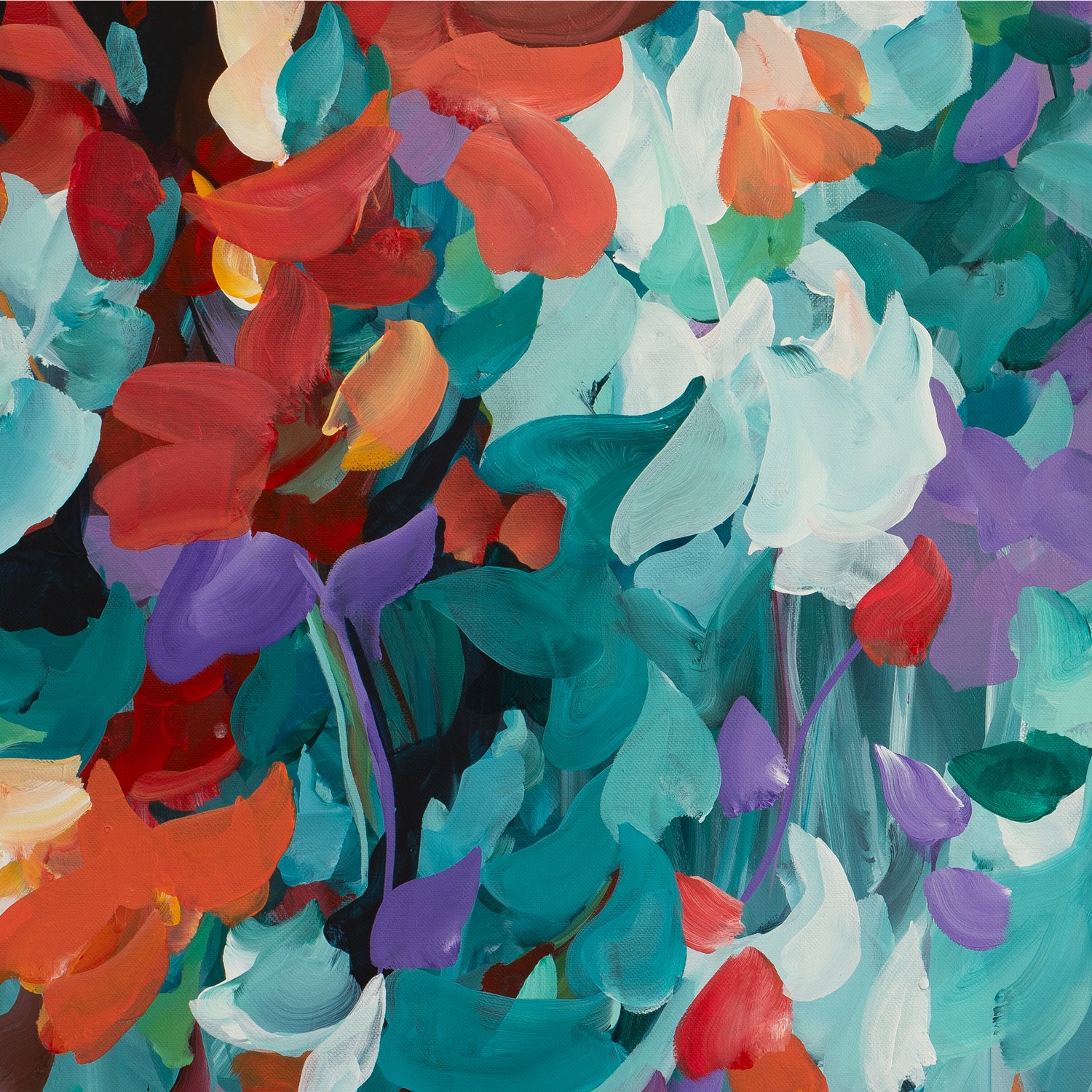 Bright colourful abstract wall art print in purple, red and turquoise. Modern impressionist style of abstract falling leaves in nature. Close up cropped section.