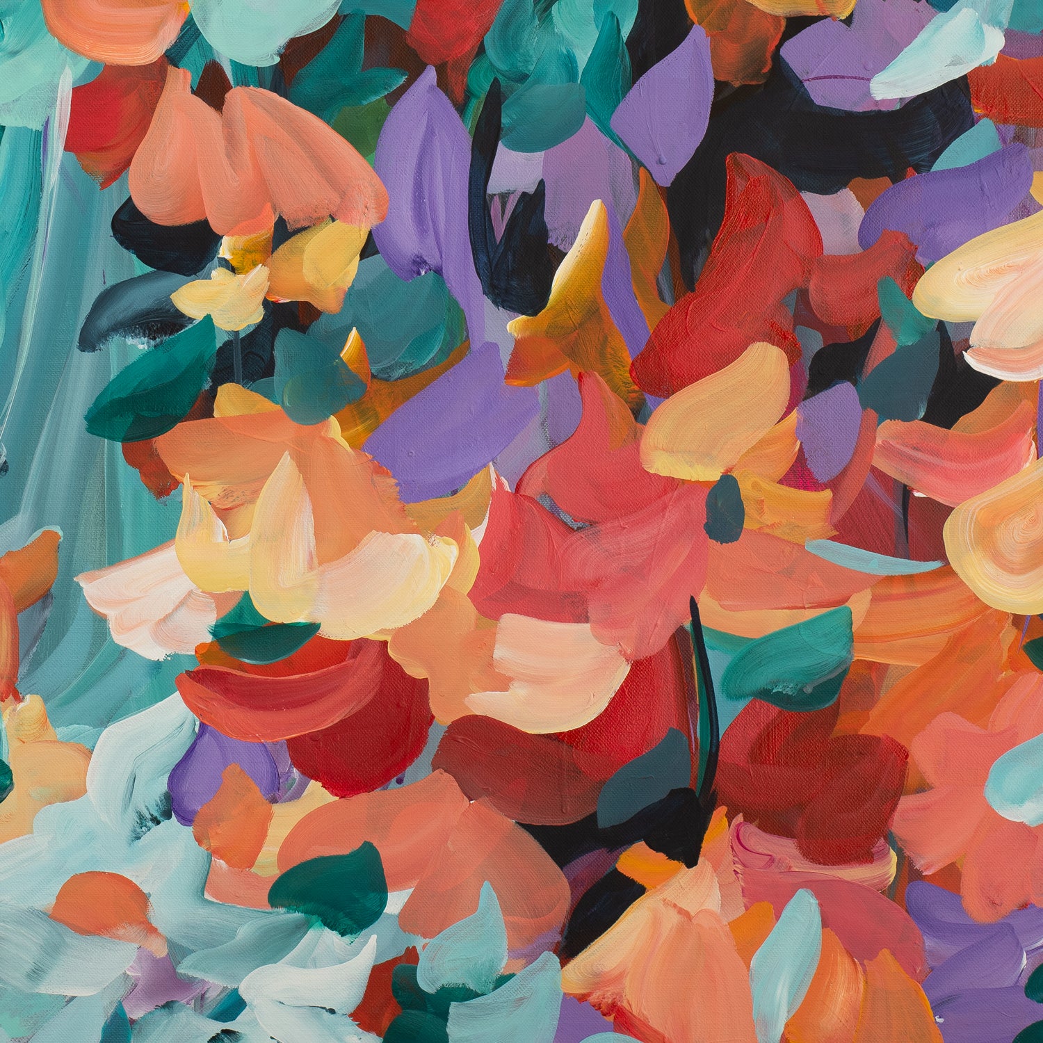 Bright colourful abstract wall art print in purple, red and turquoise. Modern impressionist style of abstract falling leaves in nature. Close up cropped section.