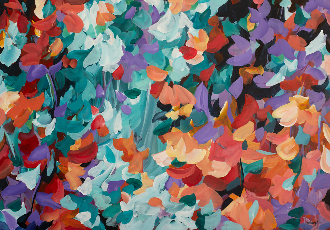 Bright colourful abstract wall art print in purple, red and turquoise. Modern impressionist style of abstract falling leaves in nature.