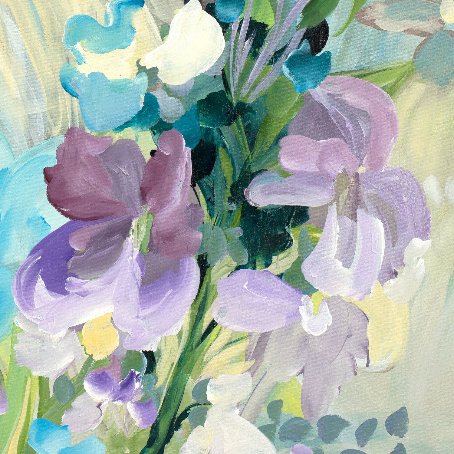 Tropical flower and palm tree abstract canvas wall art print in blues, lilac purple, greens and yellow. Cropped close up section.