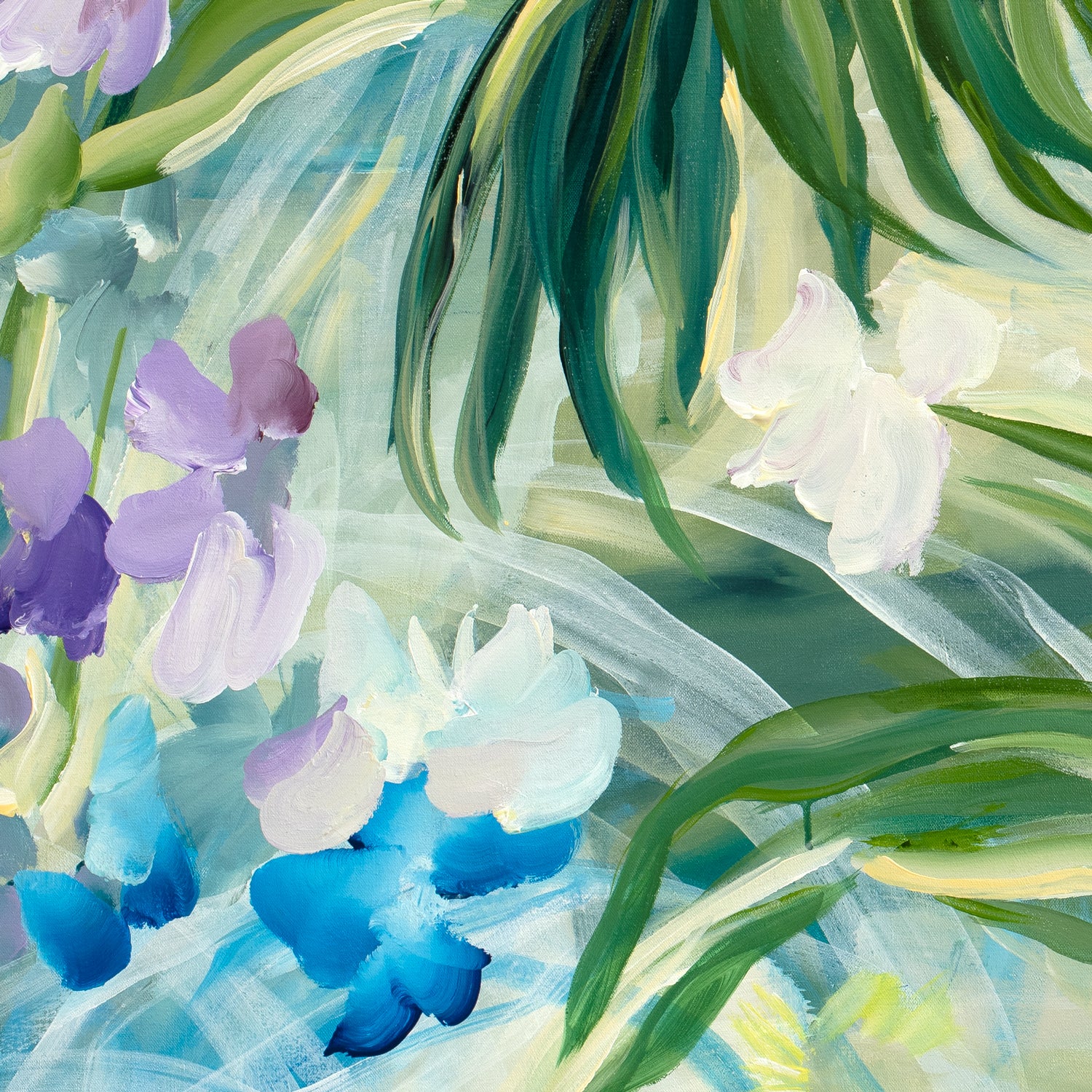 Tropical flower and palm tree abstract canvas wall art print in blues, lilac purple, greens and yellow. Cropped close up section.