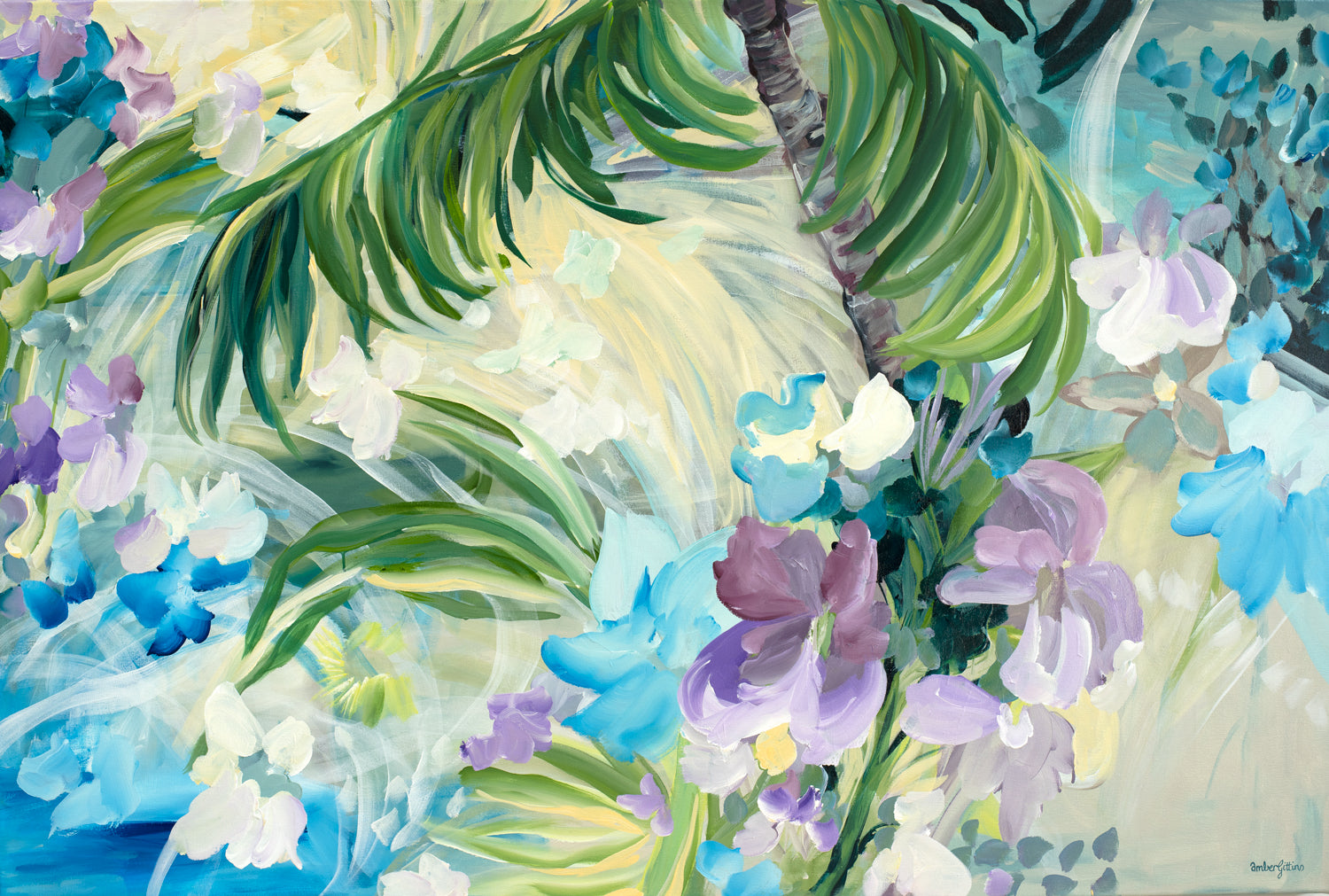 Tropical flower and palm tree abstract canvas wall art print in blues, lilac purple, greens and yellow