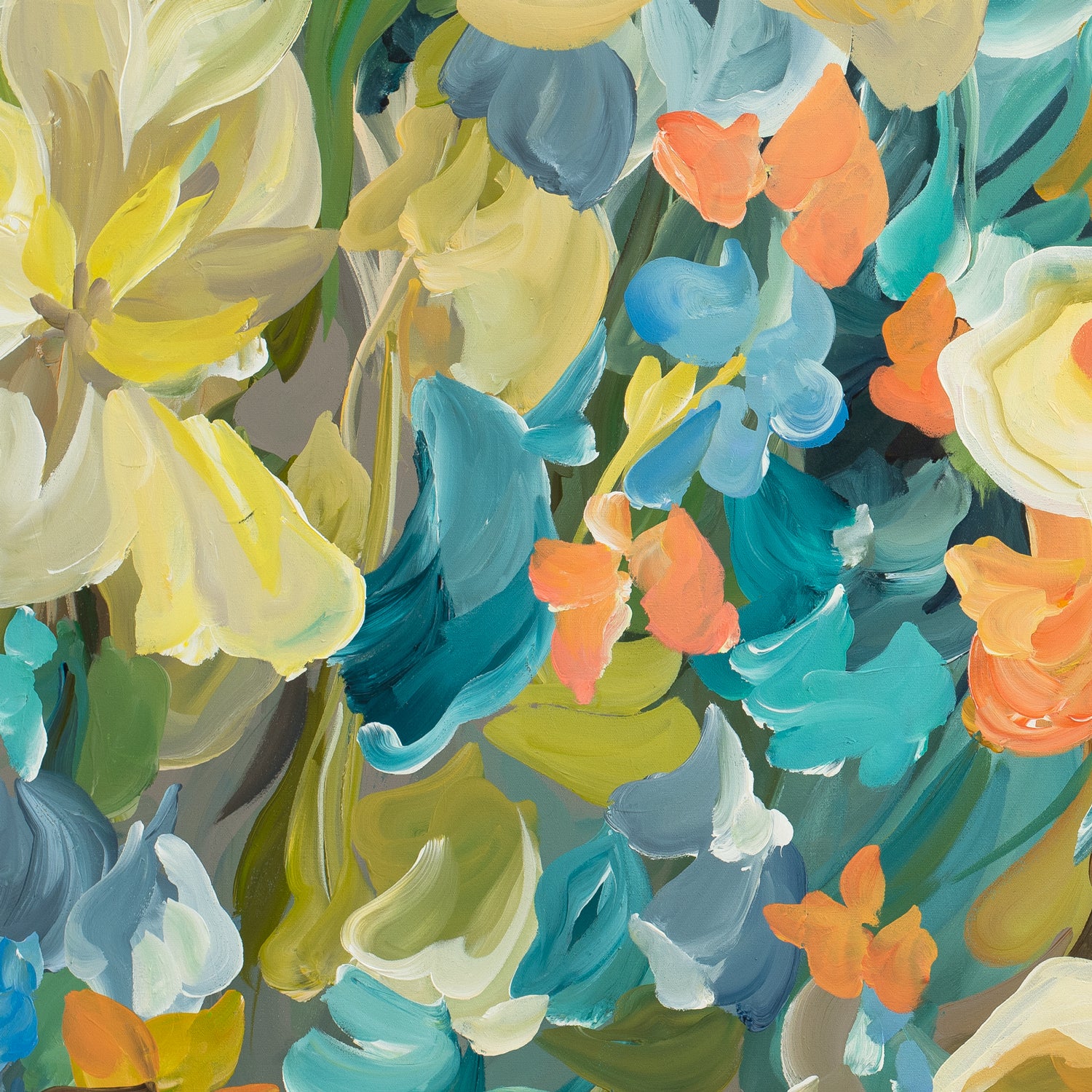 Bright colourful yellow, blue and green tropical flower abstract wall art print. Close up cropped section.