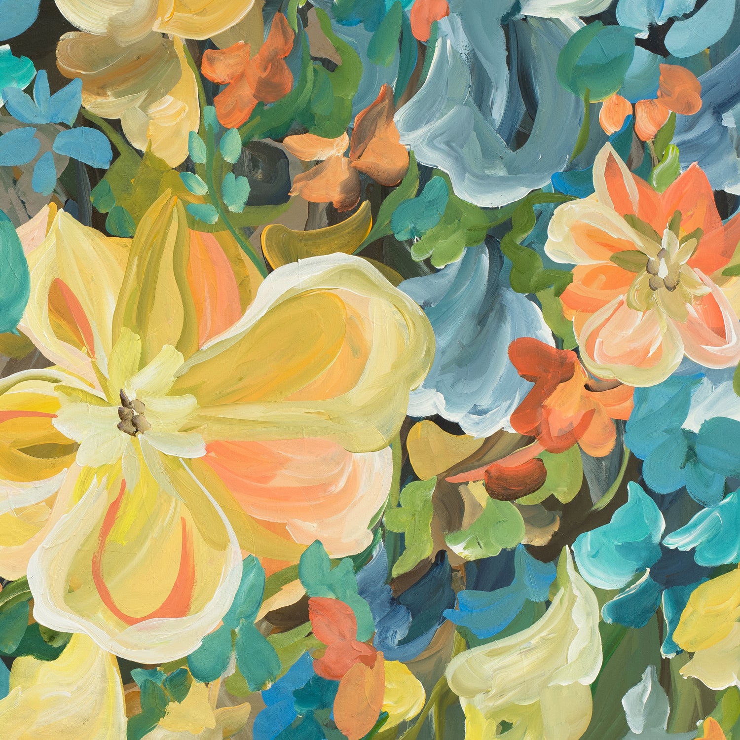 Bright colourful yellow, blue and green tropical flower abstract wall art print. Close up cropped section.