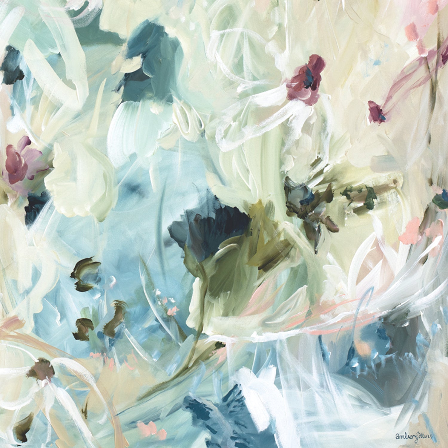 Modern neutral abstract flower wall art print. Minimal and contemporary style in beige, creams, with hints of green, turquoise and burgundy. Close up cropped section of the print.