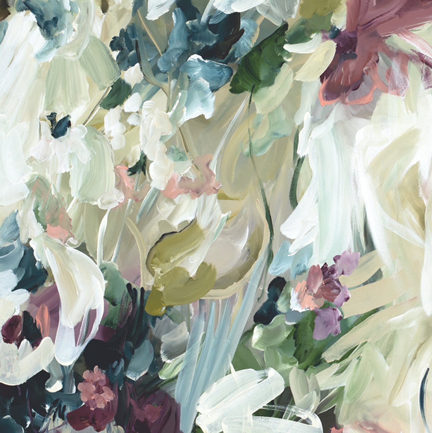 Modern neutral abstract flower wall art print. Minimal and contemporary style in beige, creams, with hints of green, turquoise and burgundy. Close up cropped section of the print.