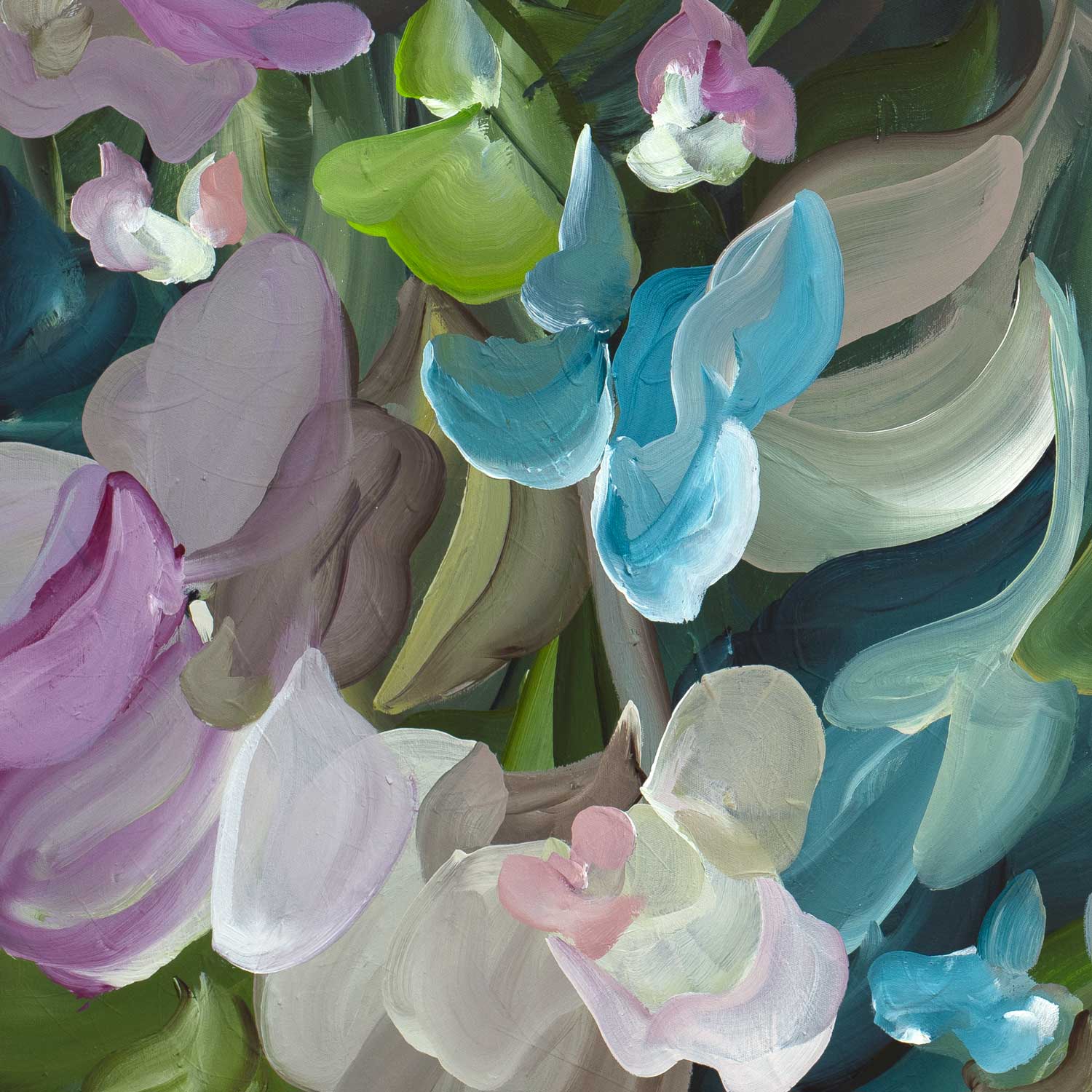 Pretty modern impressionist style abstract floral wall art print in greens, turquoise and pink colours. Close up cropped section.