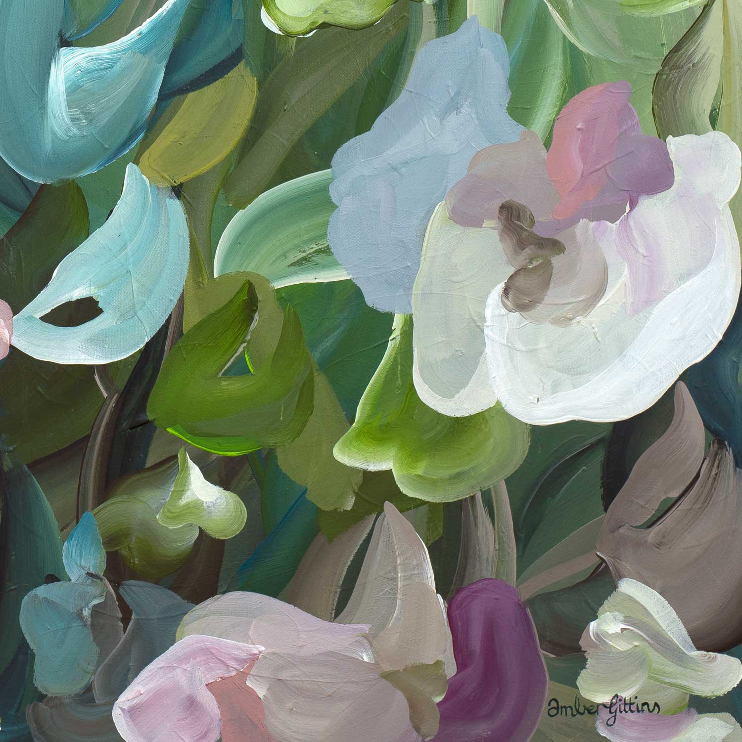 Pretty modern impressionist style abstract floral wall art print in greens, turquoise and pink colours. Close up cropped section.
