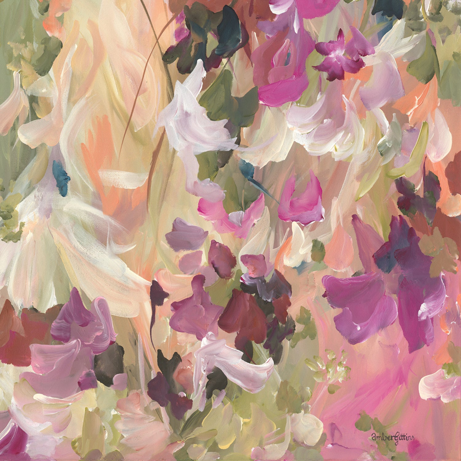 Modern colourful abstract wildflower art print in warm colour palette of pinks, red, orange, yellow and moss greens. Pretty feminine style of wildflower petals in a garden. Cropped close up section of fine art print.