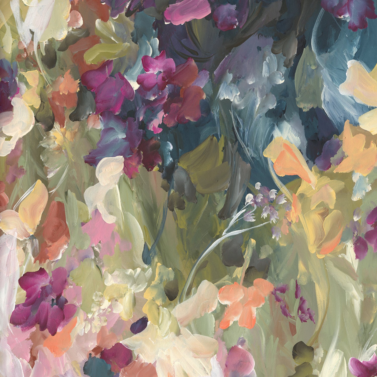 Modern colourful abstract wildflower art print in warm colour palette of pinks, red, orange, yellow and moss greens. Pretty feminine style of wildflower petals in a garden. Cropped close up section of fine art print.