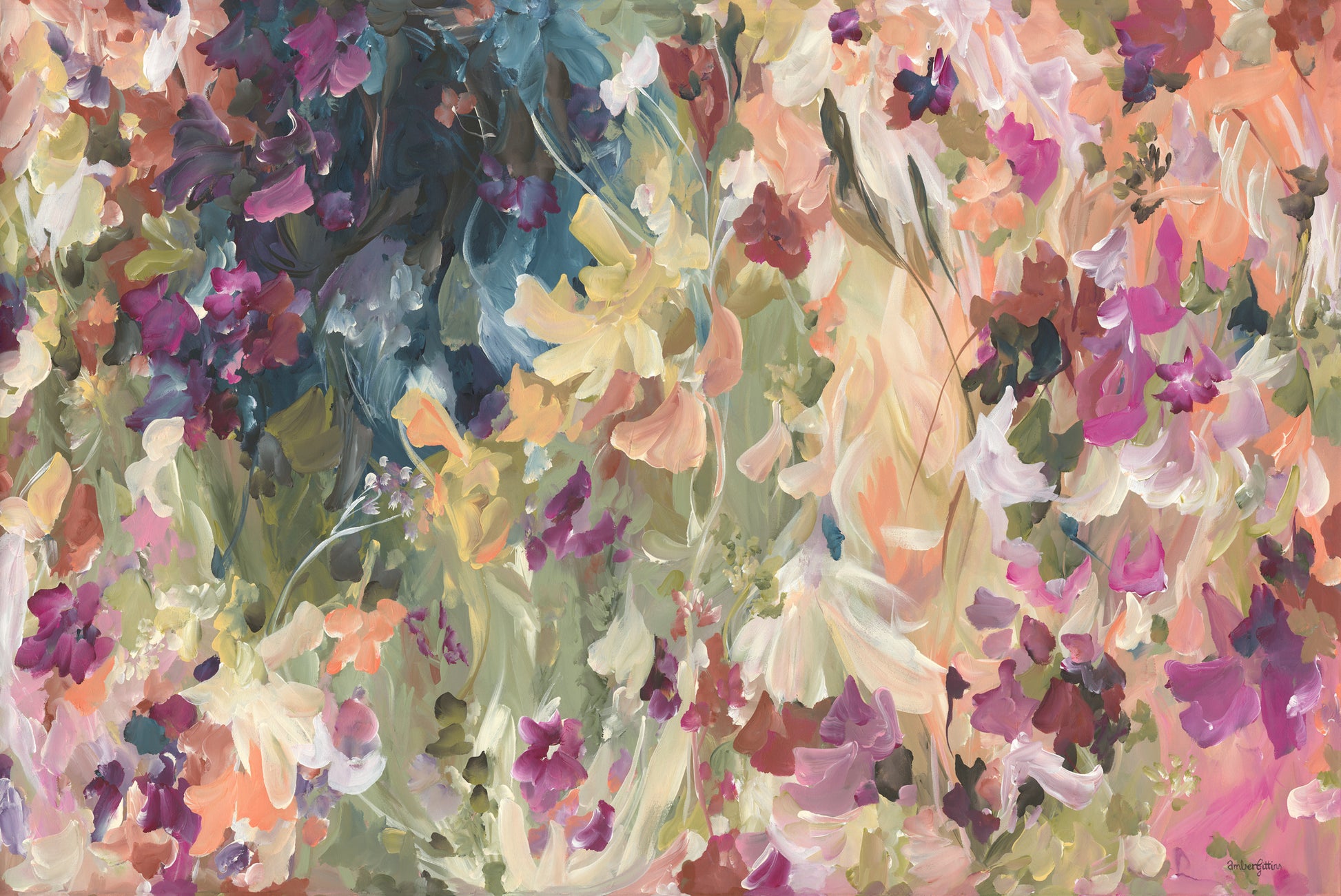 Modern colourful abstract wildflower art print in warm colour palette of pinks, red, orange, yellow and moss greens. Pretty feminine style of wildflower petals in a garden.