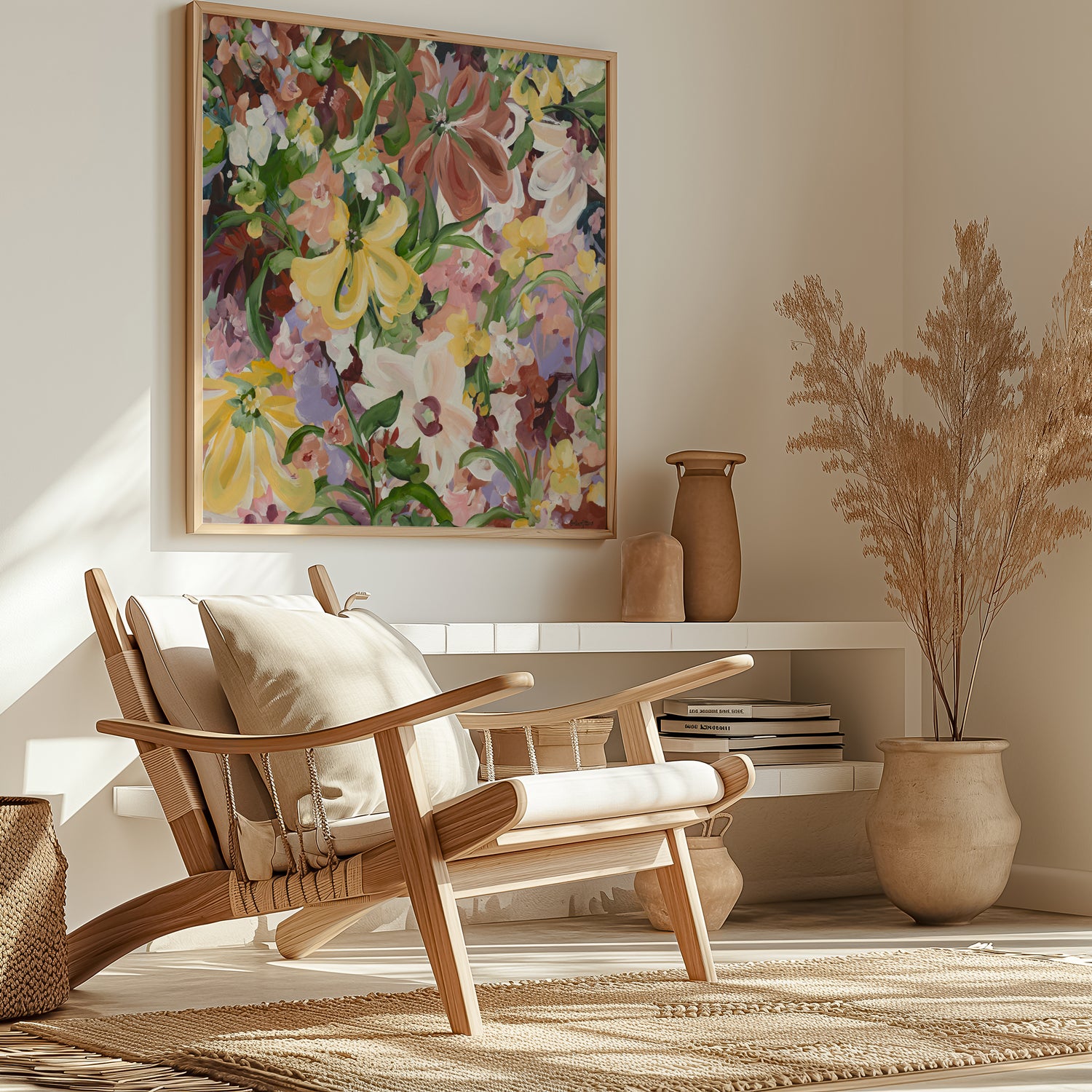 Natural and earthy wildflower abstract wall art print in neutral tones of brown, apricot, green, lilac and yellow. Layers of flower petals in a modern style. Framed in a natural frame, hanging on a modern neutral living room wall.