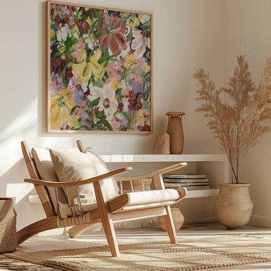 Natural and earthy wildflower abstract wall art print in neutral tones of brown, apricot, green, lilac and yellow. Layers of flower petals in a modern style. Framed in a natural frame, hanging on a modern neutral living room wall.