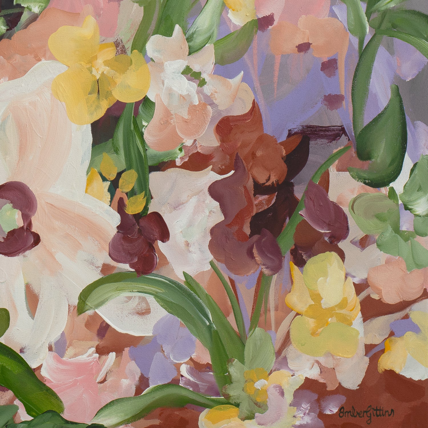 Natural and earthy wildflower abstract wall art print in neutral tones of brown, apricot, green, lilac and yellow. Layers of flower petals in a modern style. Close up cropped section.