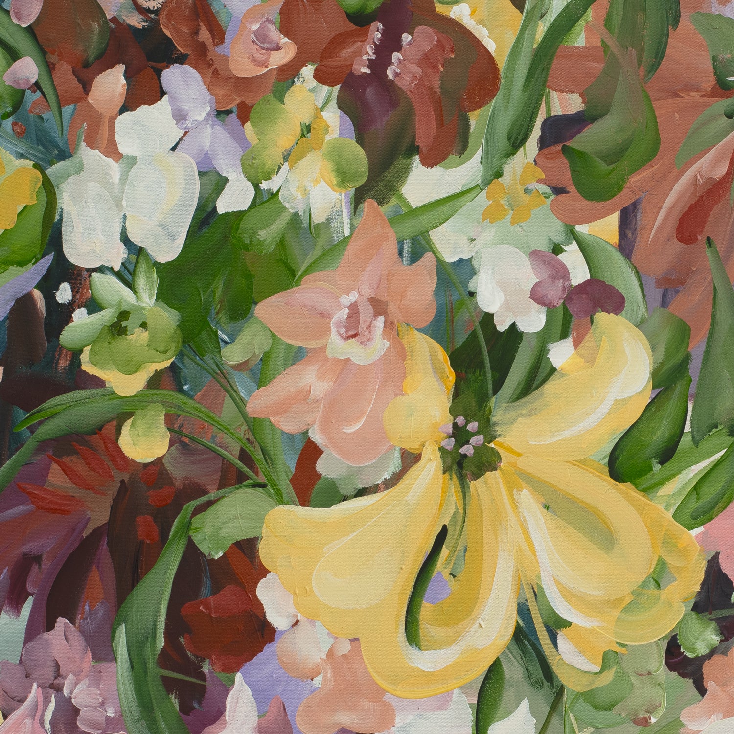 Natural and earthy wildflower abstract wall art print in neutral tones of brown, apricot, green, lilac and yellow. Layers of flower petals in a modern style. Close up cropped section.