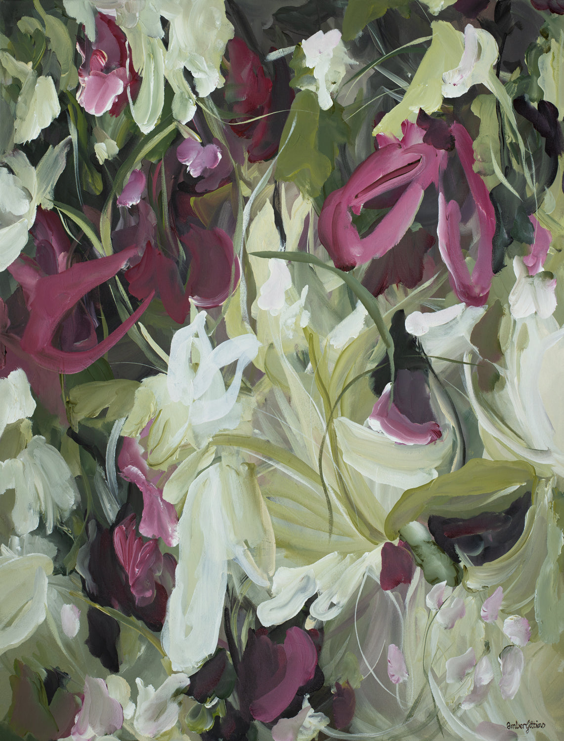 Modern wildflower abstract wall art print in contemporary colour palette of burgundy, white and green. Expressive organic flowing petal and leave shapes in layers.