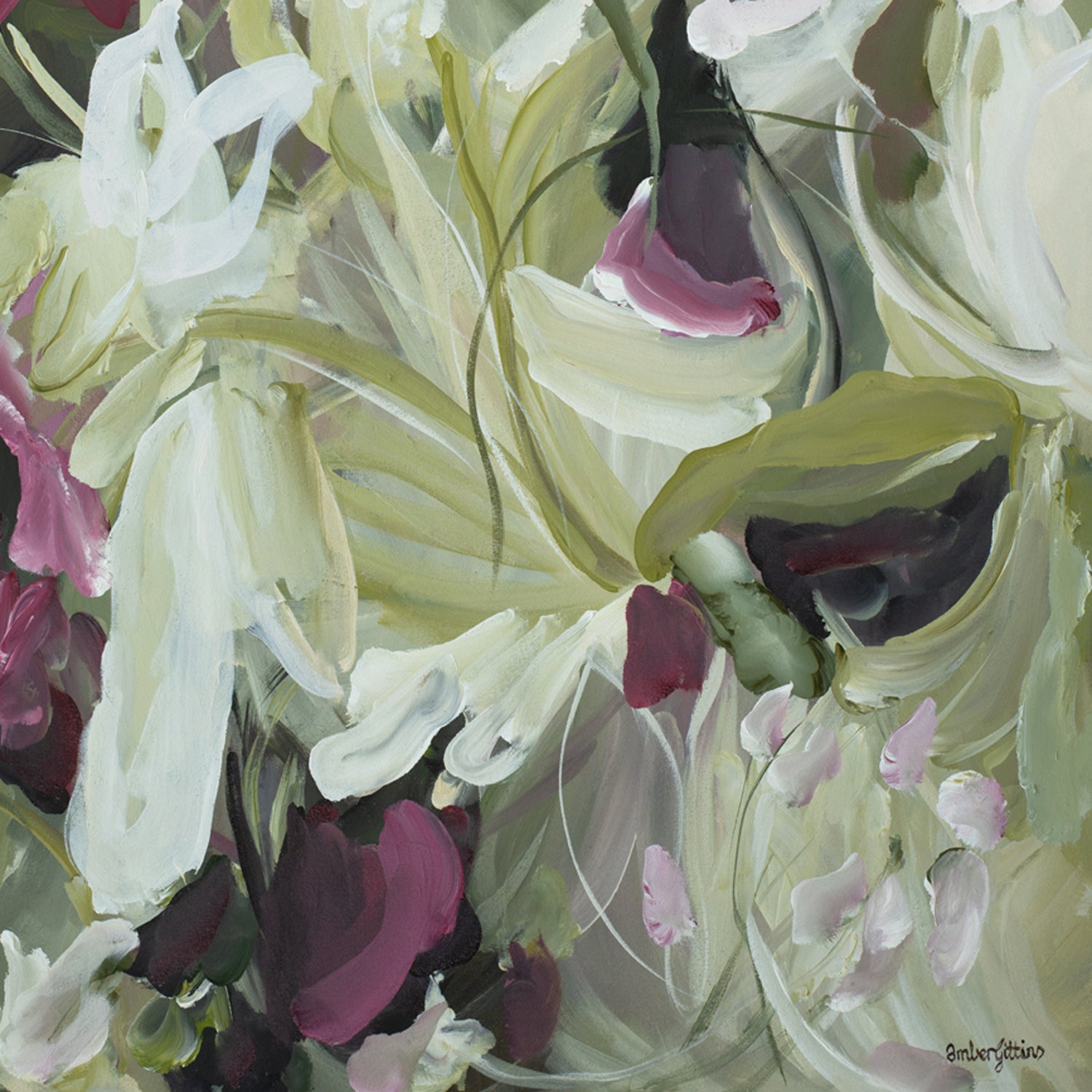 Modern wildflower abstract wall art print in contemporary colour palette of burgundy, white and green. Expressive organic flowing petal and leave shapes in layers. Cropped close up section.