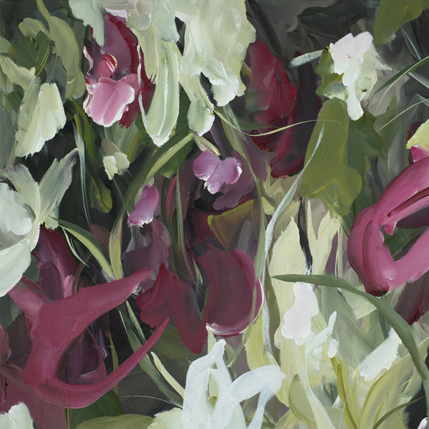 Modern wildflower abstract wall art print in contemporary colour palette of burgundy, white and green. Expressive organic flowing petal and leave shapes in layers. Cropped close up section.