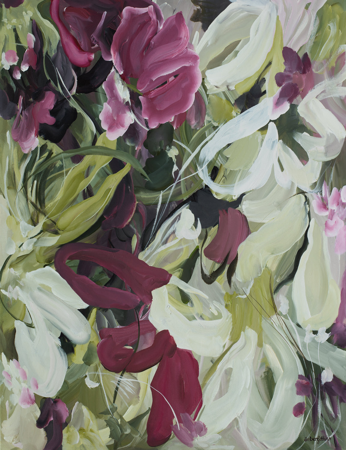 Modern wildflower fine art print in an expressive style in modern colour palette of burgundy, white and green. Abstract floral flowing shapes layered over each other.