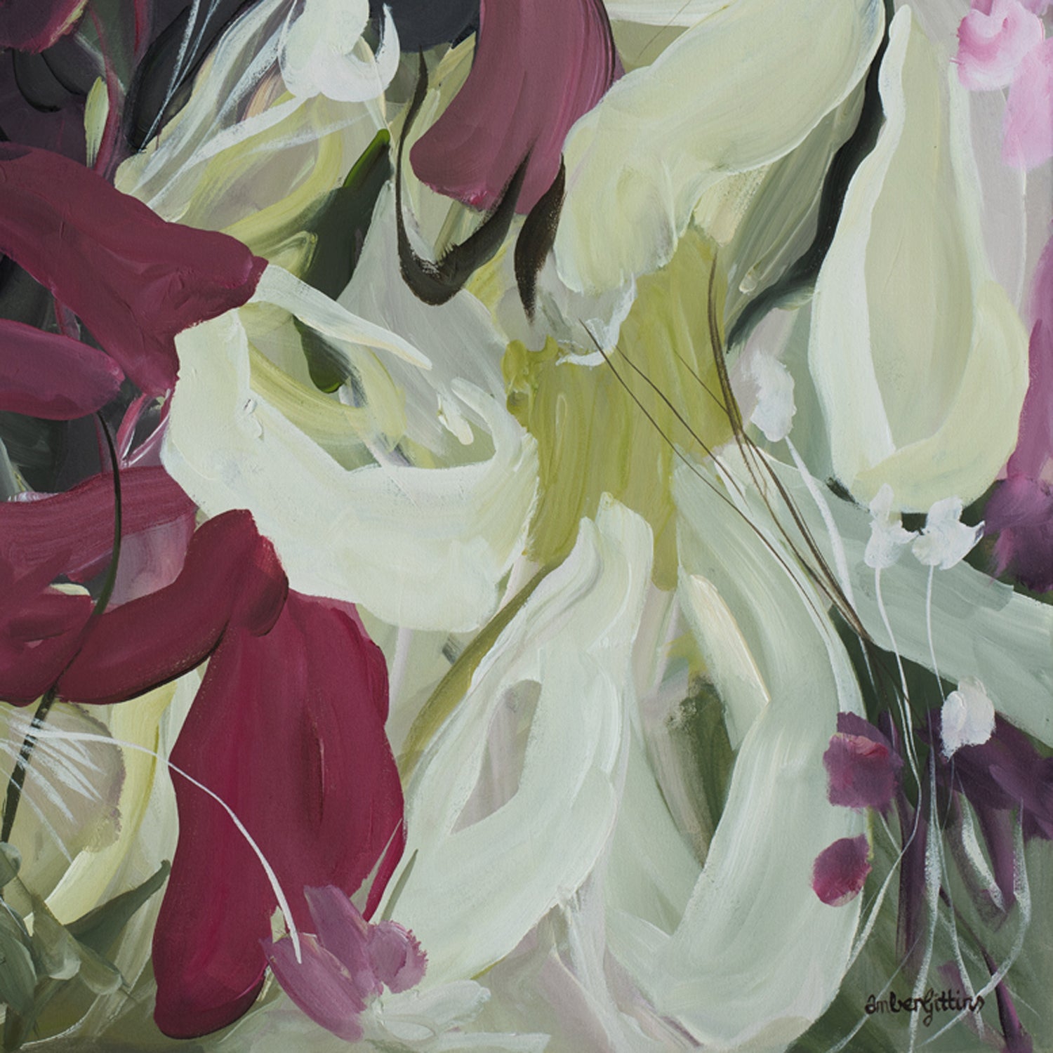 Modern wildflower fine art print in an expressive style in modern colour palette of burgundy, white and green. Abstract floral flowing shapes layered over each other. Cropped close up section.