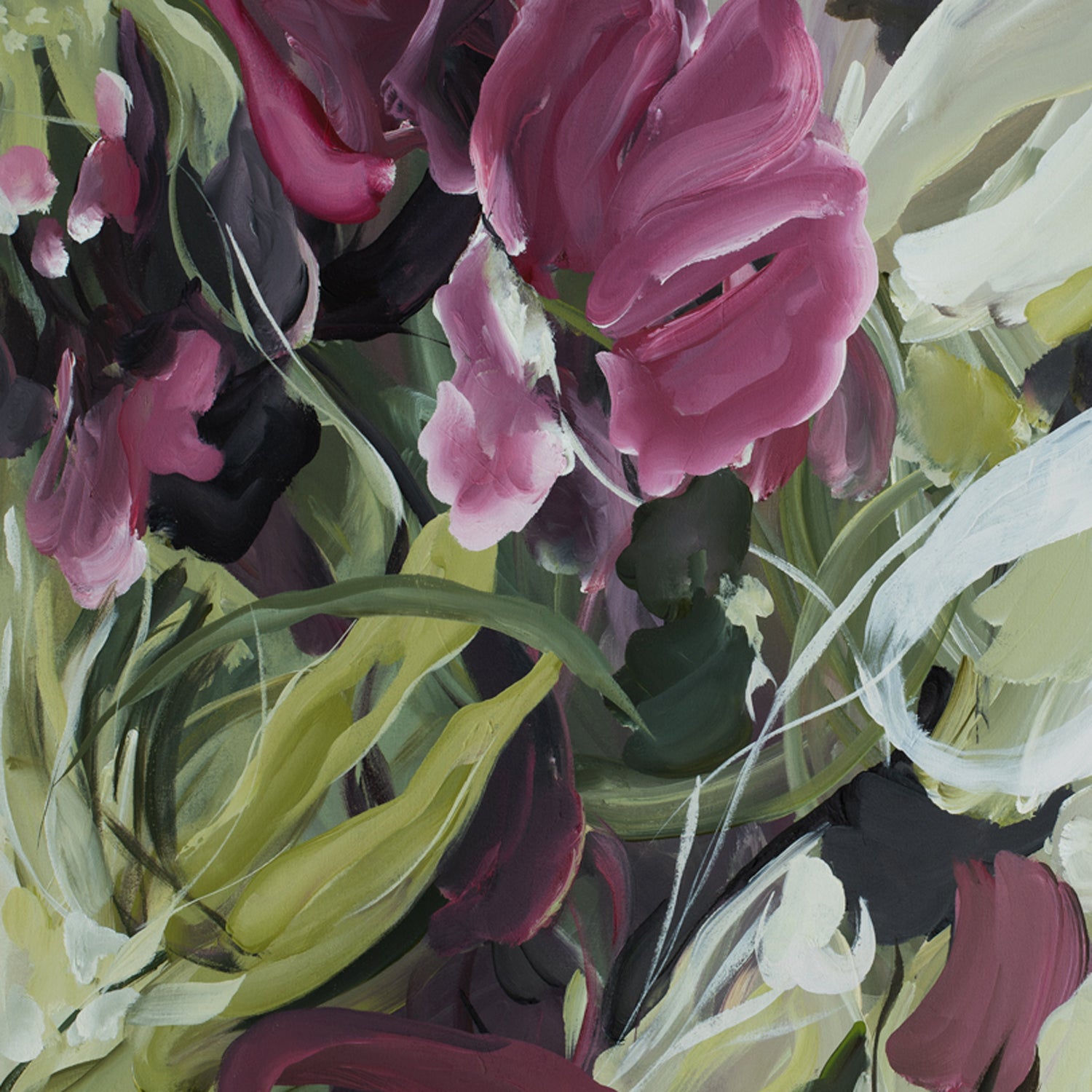 Modern wildflower fine art print in an expressive style in modern colour palette of burgundy, white and green. Abstract floral flowing shapes layered over each other. Cropped close up section.