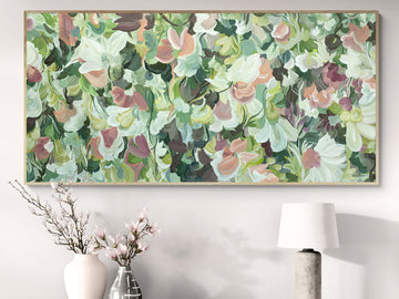 Abstract floral original painting hanging in a modern living room