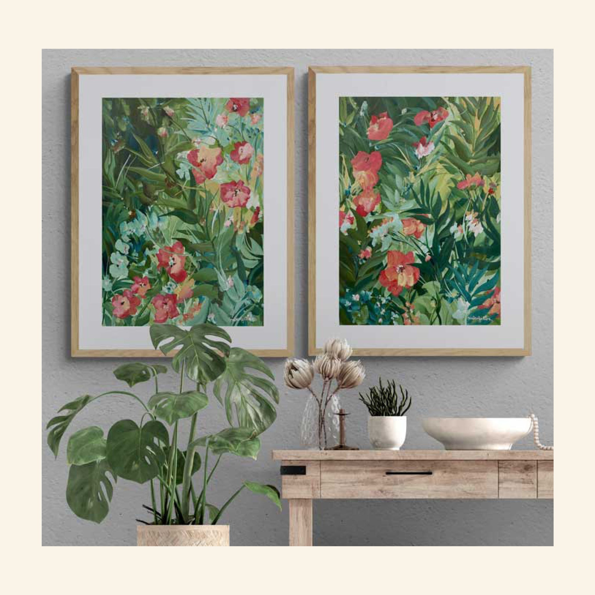 Original art, two flower tropical paintings on a wall