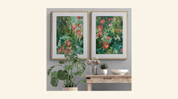 Original art, two flower tropical paintings on a wall
