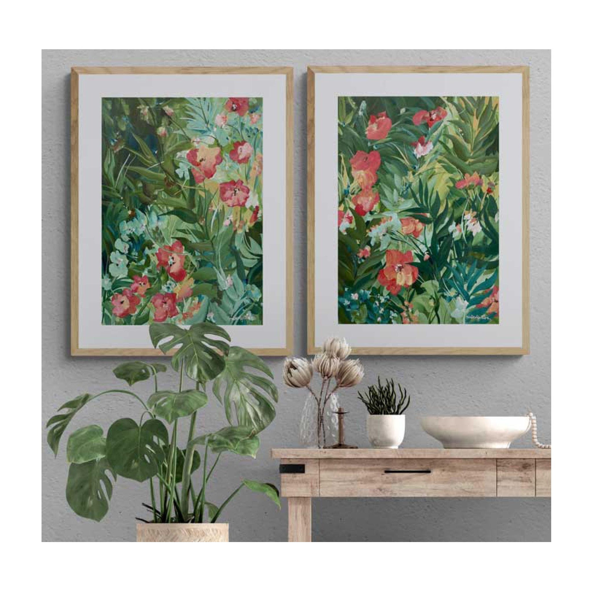 Original art, two flower tropical paintings on a wall