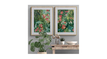 Original art, two flower tropical paintings on a wall