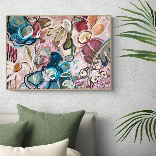 Colourful contemporary flower abstract canvas wall art print in pinks, turquoise and greens. Linear, eclectic, fun, bohemian style of art. Framed in a natural frame.