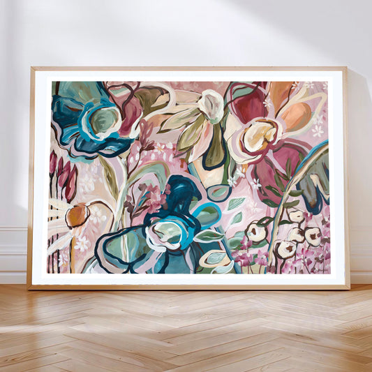 Colourful contemporary flower abstract wall art print in pinks, turquoise and greens. Linear, eclectic, fun, bohemian style of art. Framed in a natural frame.