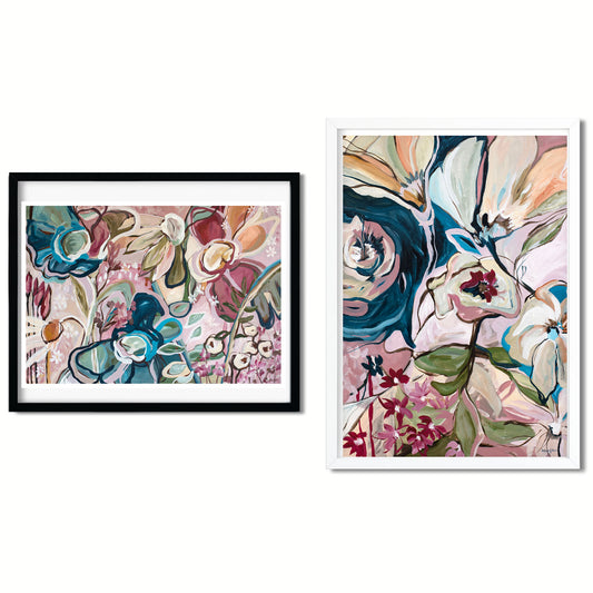 Colourful vintage boho flower poster print set of 2. Modern contemporary painting turned into a print. Linear and organic flowing petals. Pastel colour palette of pink, dark blue, army green and burgundy. Two piece wall art for your home decorating.