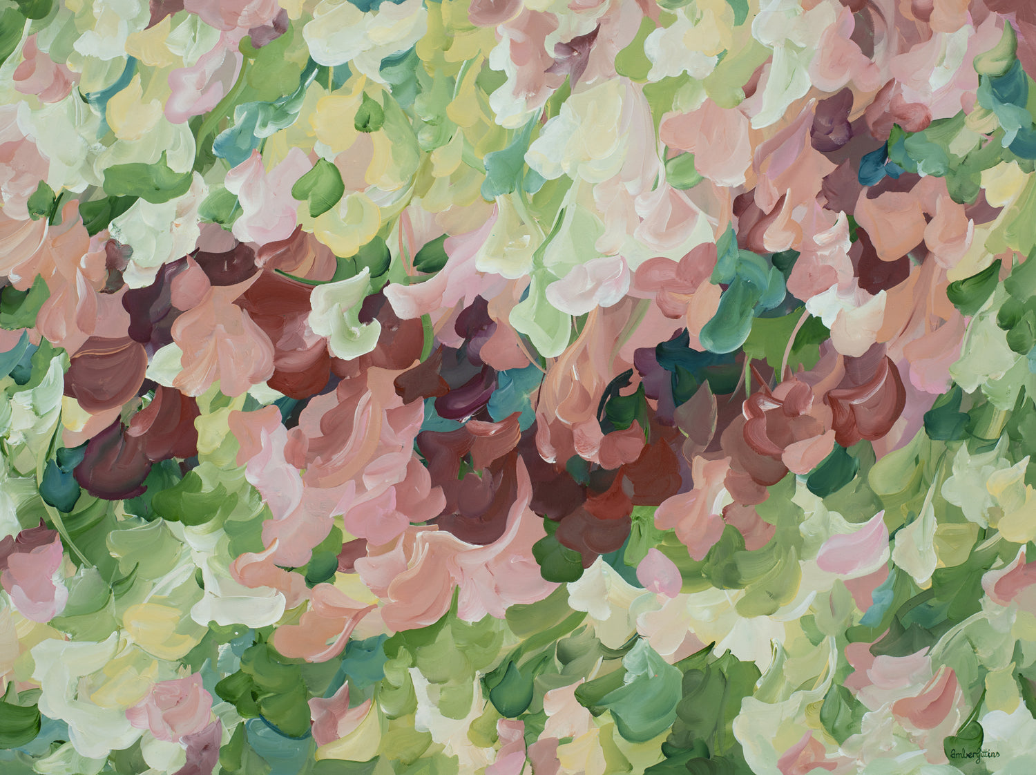 Modern nature art print in contemporary colours of warm brown and pinks and natures green. Contemporary impressionist simple style. 