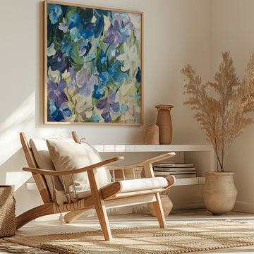 Modern blue and purple abstract floral art print hanging in a modern neutral living room.