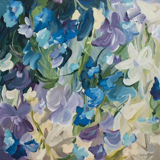 Modern blue and purple abstract floral fine art print.