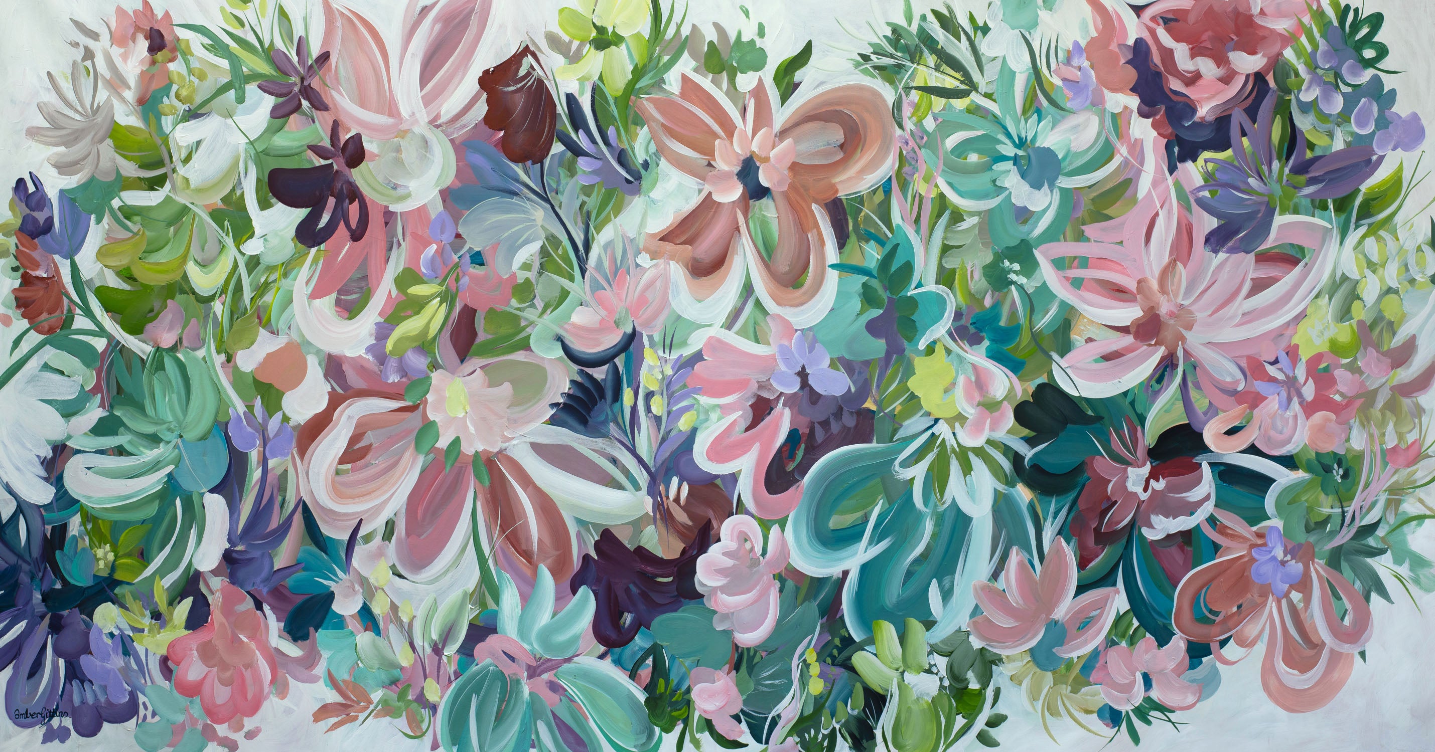 Botanical Kisses – Original Abstract Floral Painting in Pink, Teal