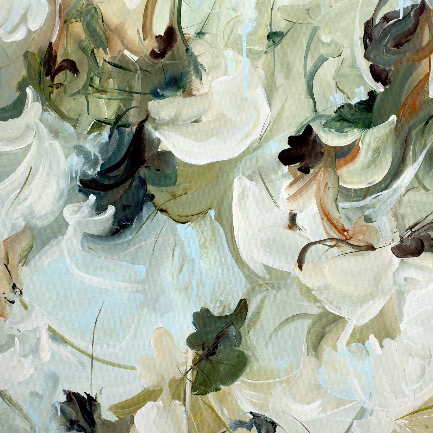 Neutral and tranquil abstract nature fine art prints in beige, cream, olive green and warm browns. Minimal design with interesting layers and movement.  Close up cropped section of artwork.
