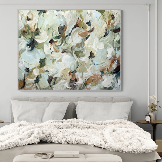 Large neutral coloured of browns and greens, wildflower statement original painting in a bedroom interior setting.