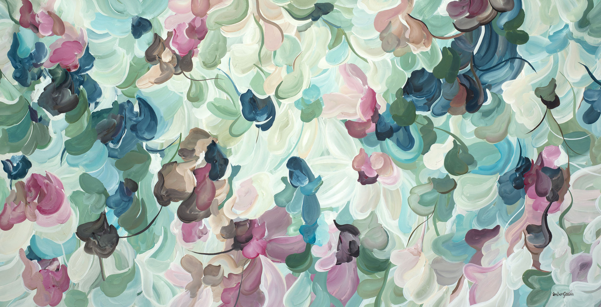 Abstract Floral Painting in Soft Blue & Blush Tones – Original Contemporary Art