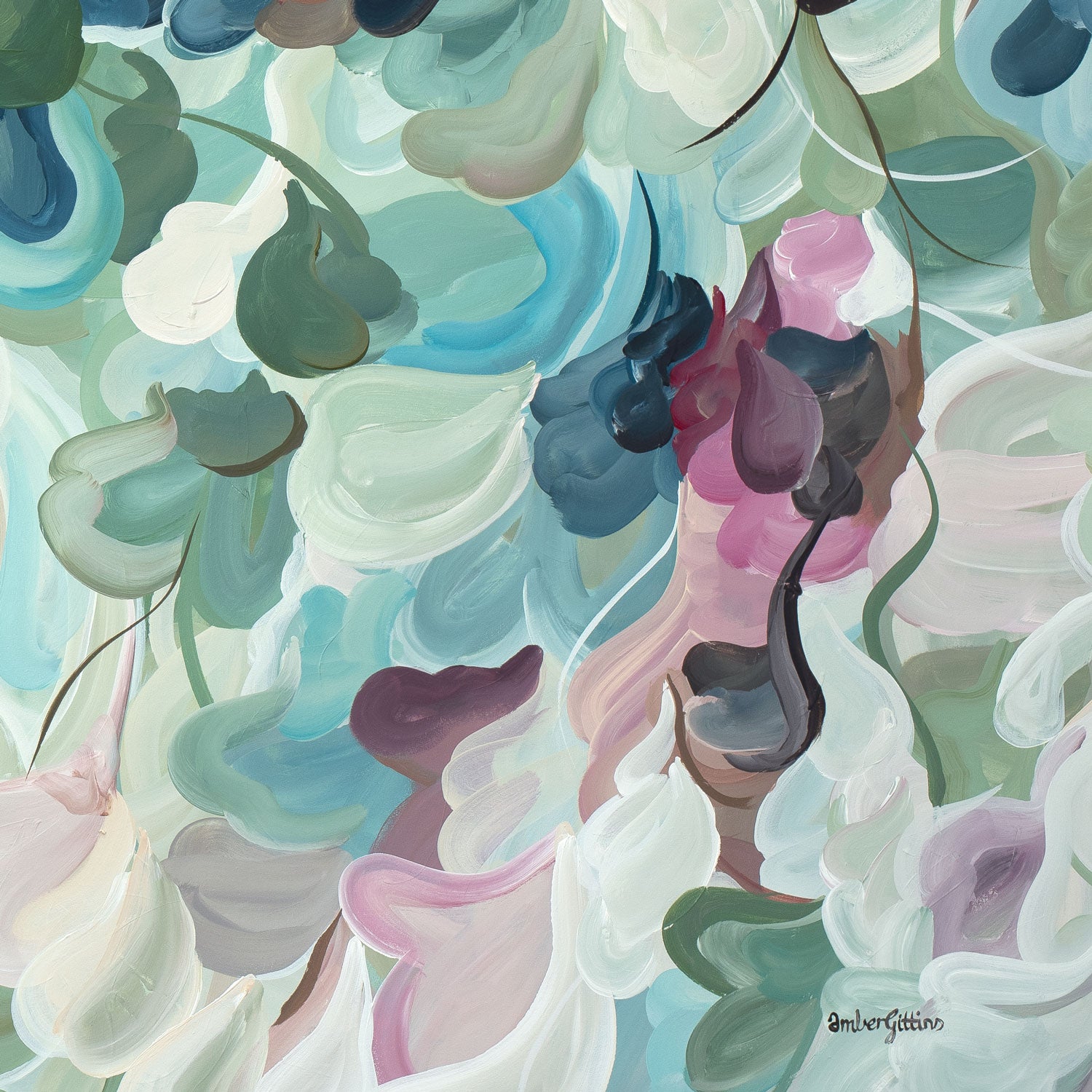 Abstract artwork with pastel colors and fluid shapes