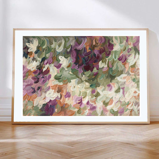 Contemporary abstract art print of nature and leaves in warm tones of burgundy, orange, beige and olive green. Simple impressionist modern design of organic round layered shapes. Framed in a natural frame.
