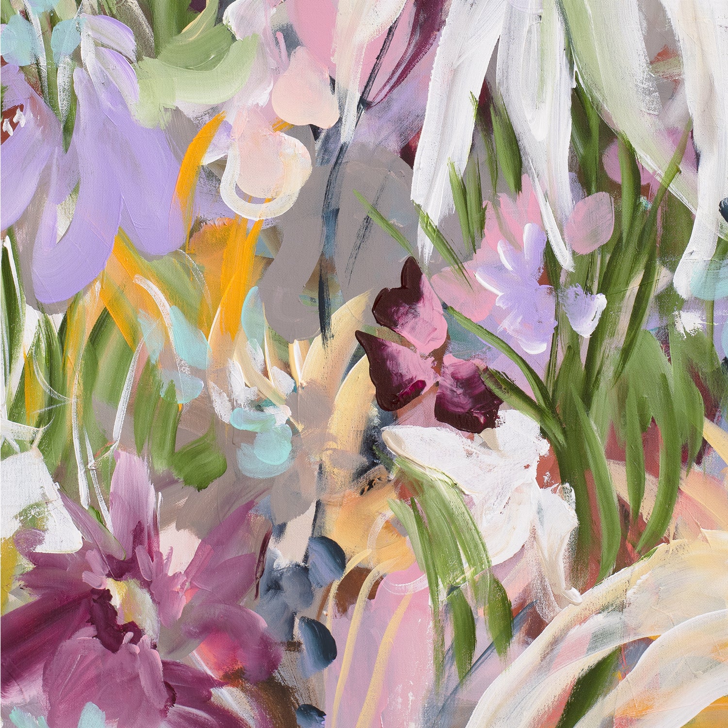Colorful abstract floral pattern with various flowers and leaves.