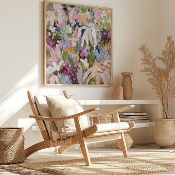 Colorful floral canvas art print on the wall in a living room with decorative elements.