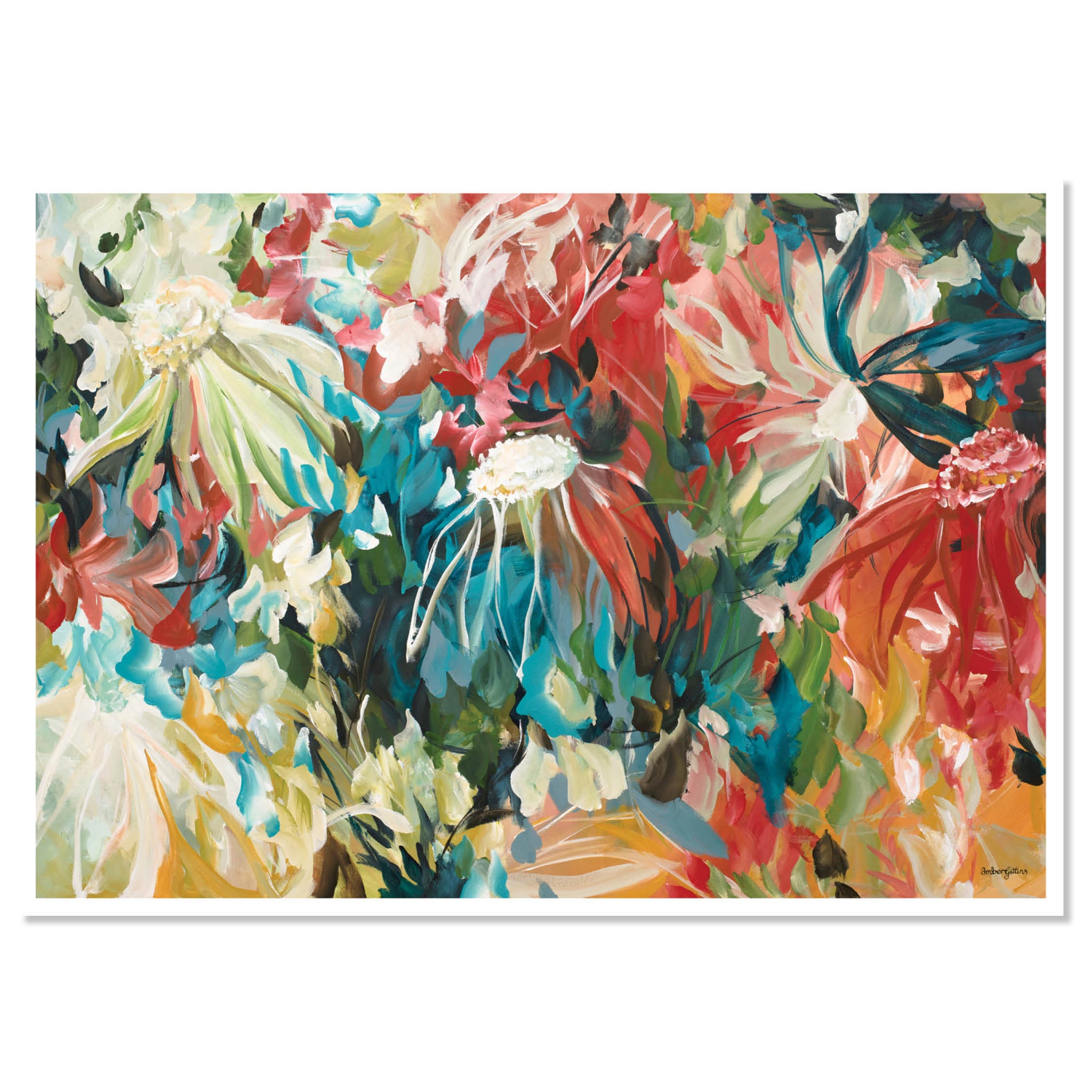 contemporary red and blue wild flower poster print