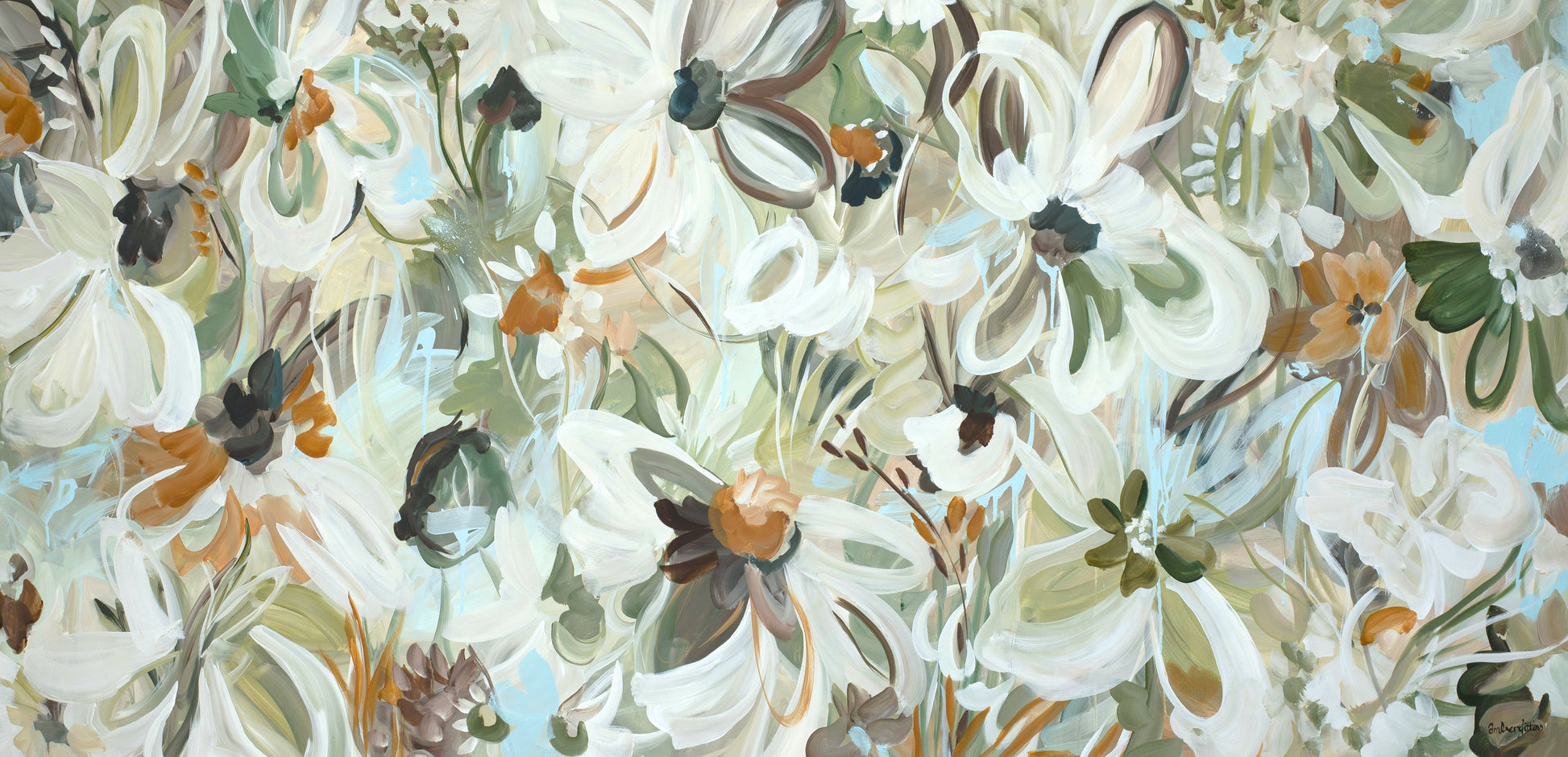 Neutral floral painting with white flowers and green leaves on a light blue background