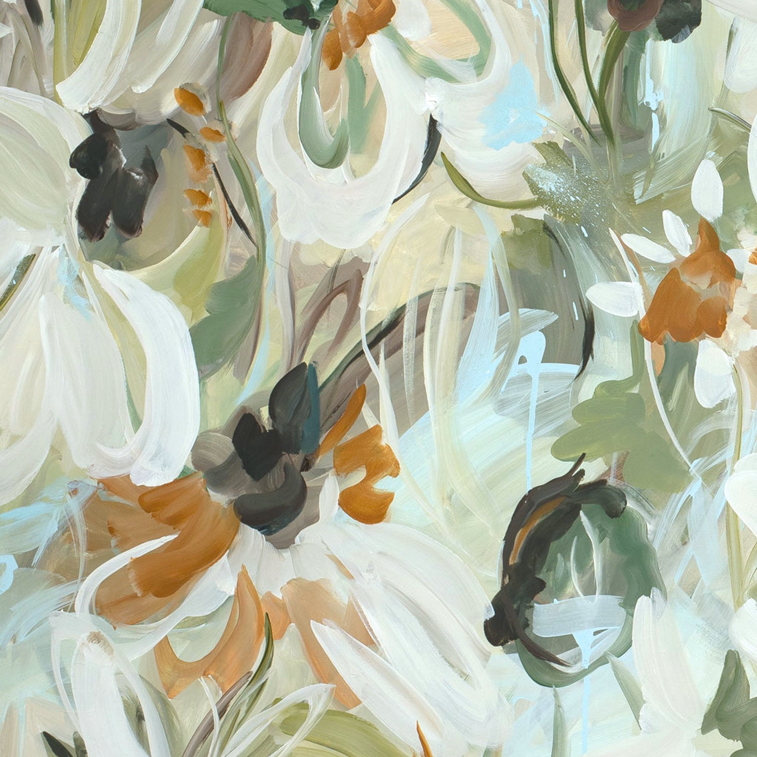 Abstract art with floral and leaf patterns in white, orange, green, and black on a light blue background.