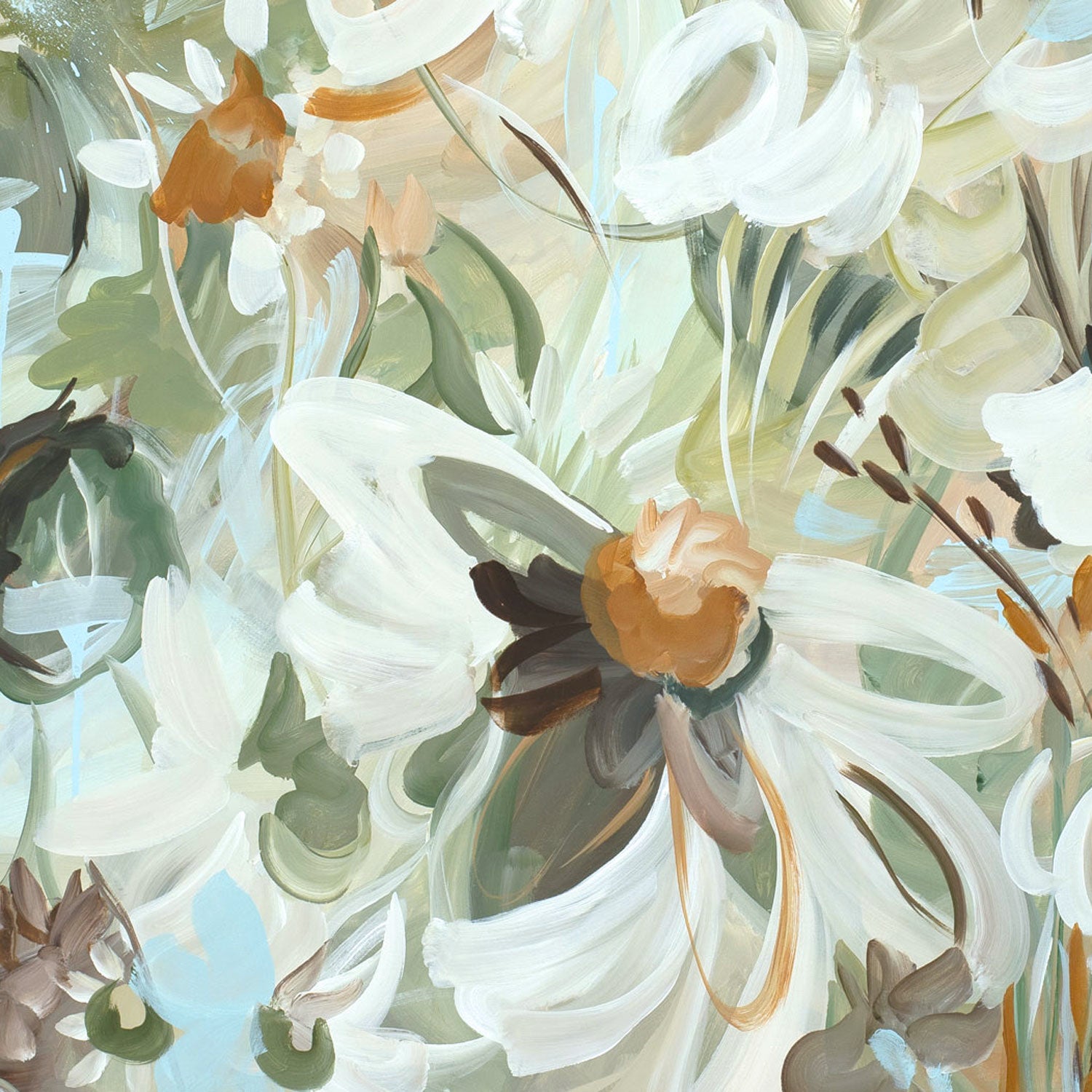 Floral pattern with white flowers and green leaves on a light blue background