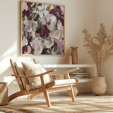 Abstract floral art print in warm earth browns and pinks. Hanging in a modern living room
