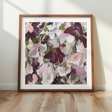 Abstract floral art print in warm earth browns and pinks. 